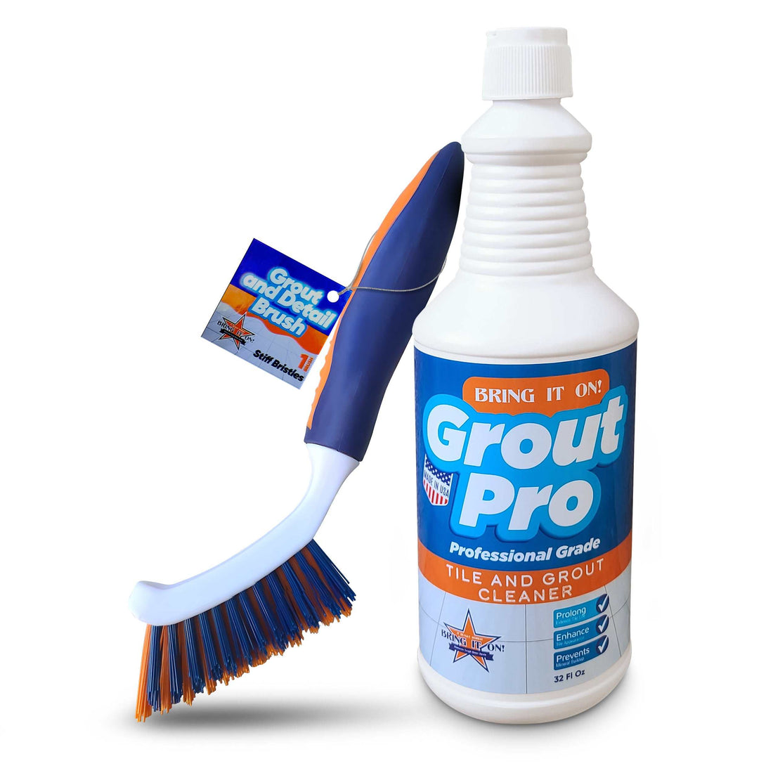 Bring It On Grout Pro tile and grout cleaner bottle with heavy duty grout cleaning brush