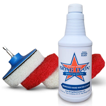 Bring It On Cleaner bottle with reusable drill pads for removing hard water stains and tough spots