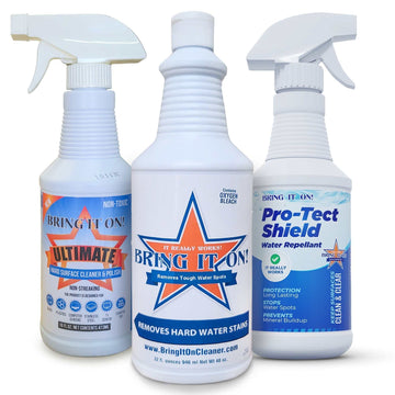 Kitchen and Bathroom Cleaning Kit with powerful, non-toxic cleaners for removing grease, hard water stains, and soap scum on multiple surfaces.