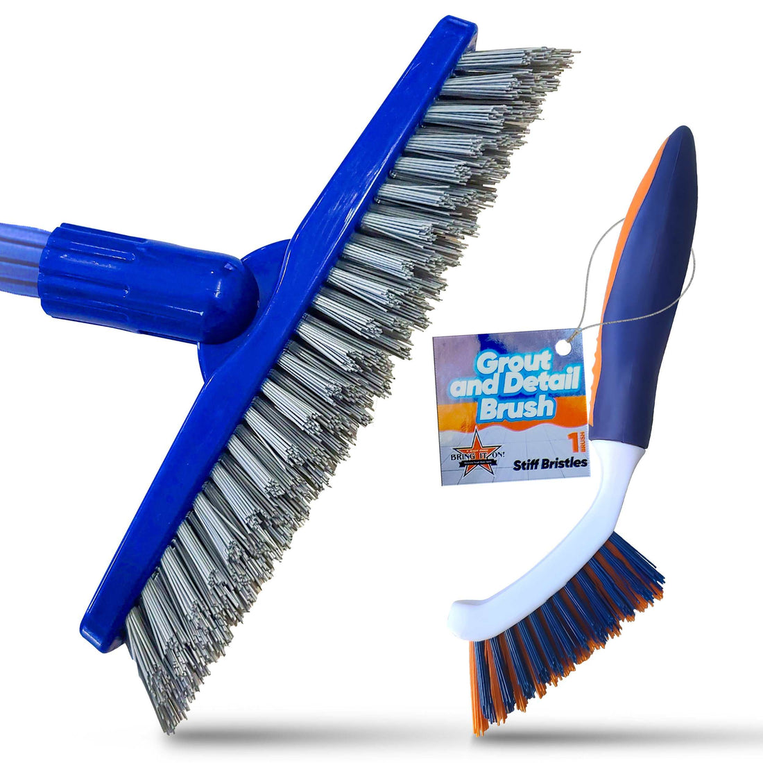Set of grout cleaning brushes with stiff nylon bristles and ergonomic handles for deep cleaning tiles and grout lines