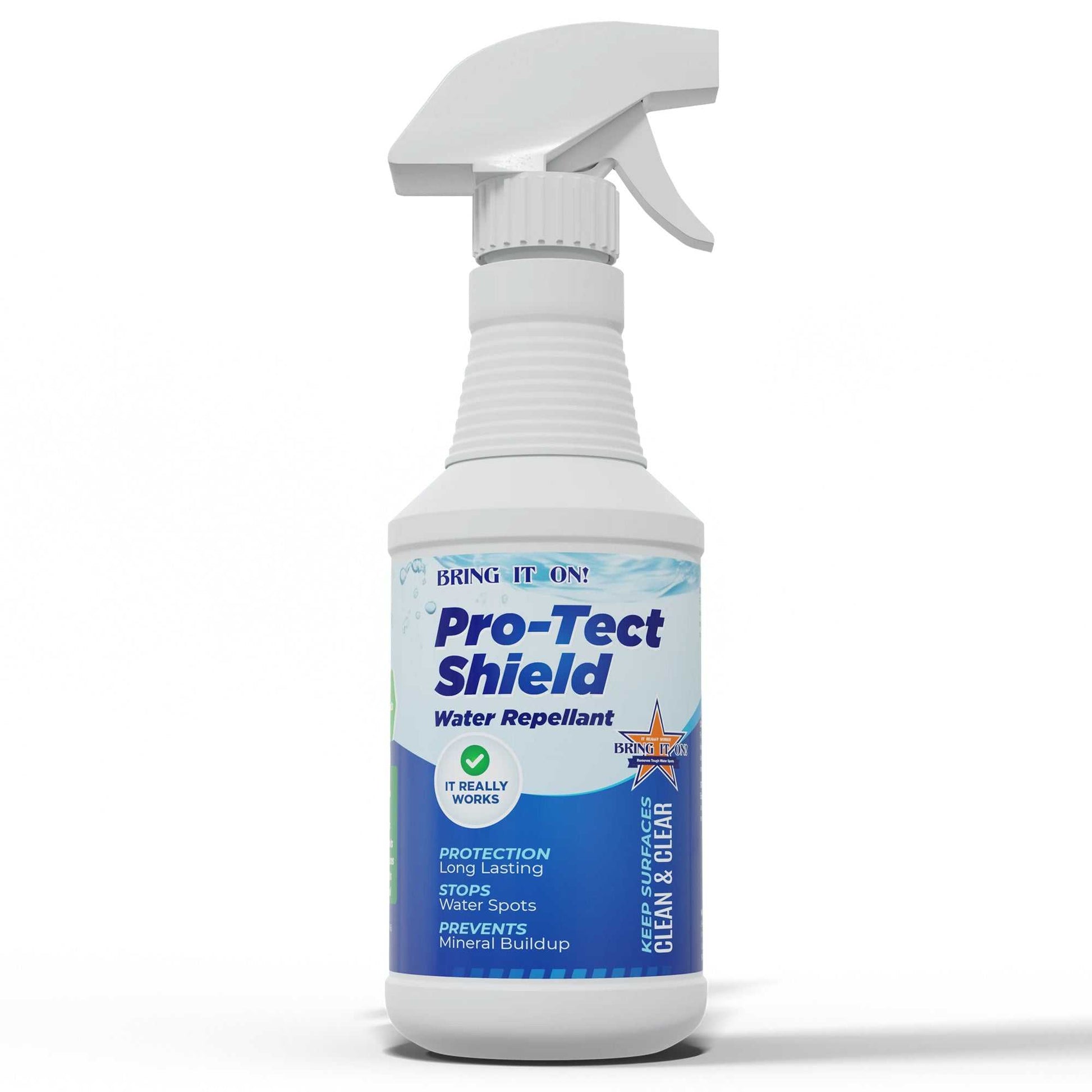 Protect-Shield Water Repellant spray bottle for preventing water spots and mineral buildup on glass and tile surfaces.