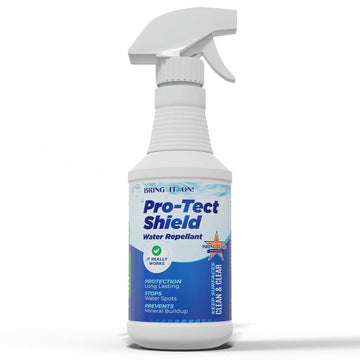 Protect-Shield Water Repellant spray bottle for preventing water spots and mineral buildup on glass and tile surfaces.