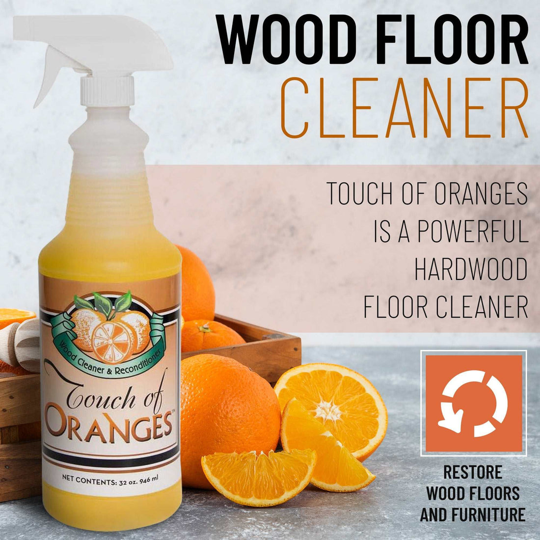 Touch Of Oranges Wood Cleaner spray bottle with fresh oranges and citrus scent for natural wood care