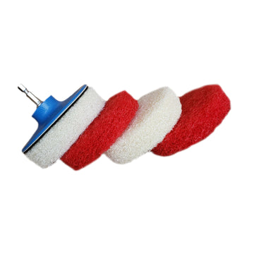 Set of four red and blue scrubbing drill pads for use with Bring It On Cleaner on shower doors, tiles, sinks, and metal surfaces.